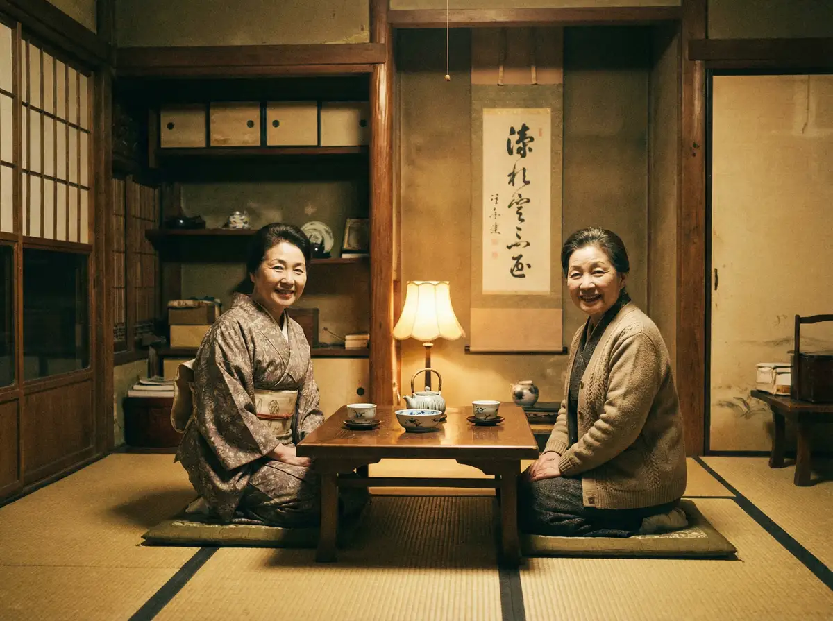 两位优雅的 尤物 在日式茶室中品茶交谈